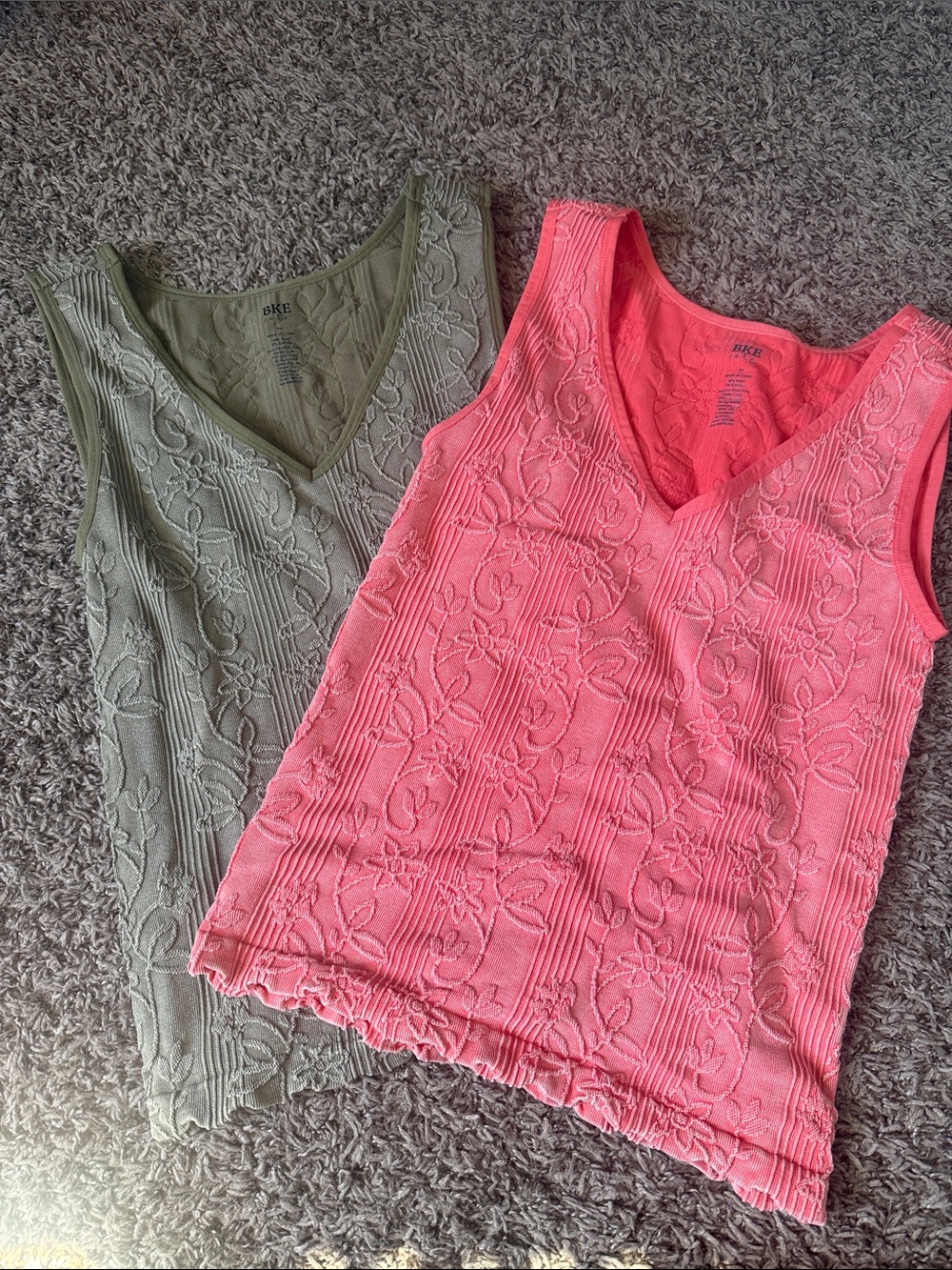 BKE Floral Textured V-Neck Tank Tops in Coral Pink and Olive- one has tags